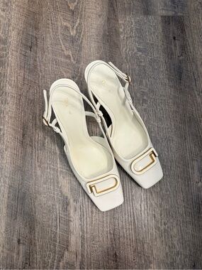 Zara White Slingback Heels with Gold Detail